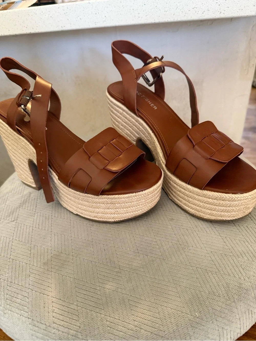 Marc Fisher Brown Leather Woven Platform Sandals